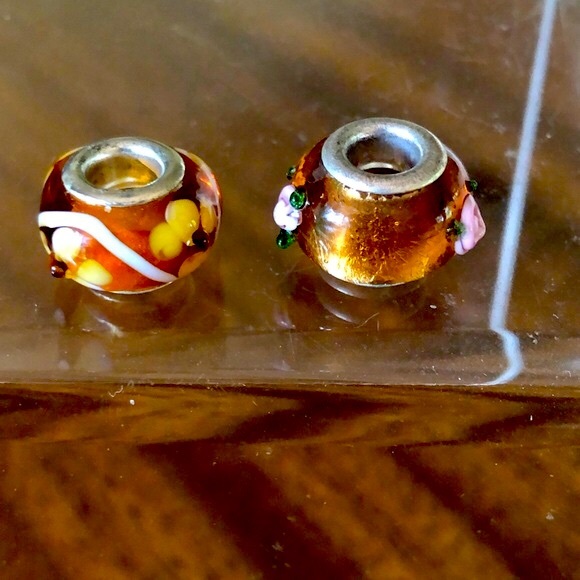 2-amber colored floral blown glass bracelet/ necklace spacer beads - Picture 3 of 10